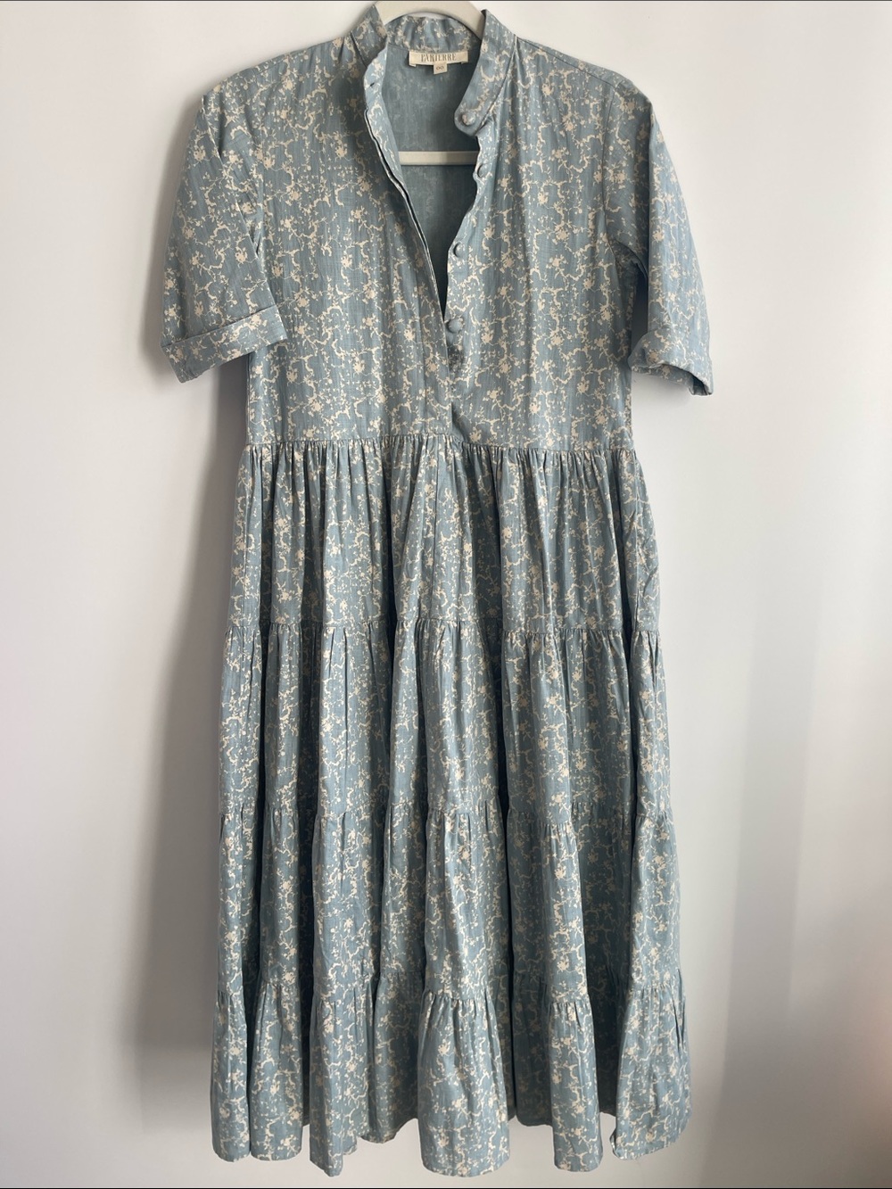 Parterre Blue Floral Block Print Tiered Shirtdress Short Sleeve Midi Size 00
